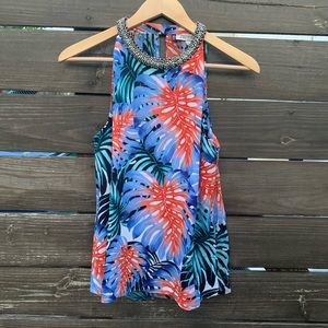 Tropical swing blouse with studded neckline